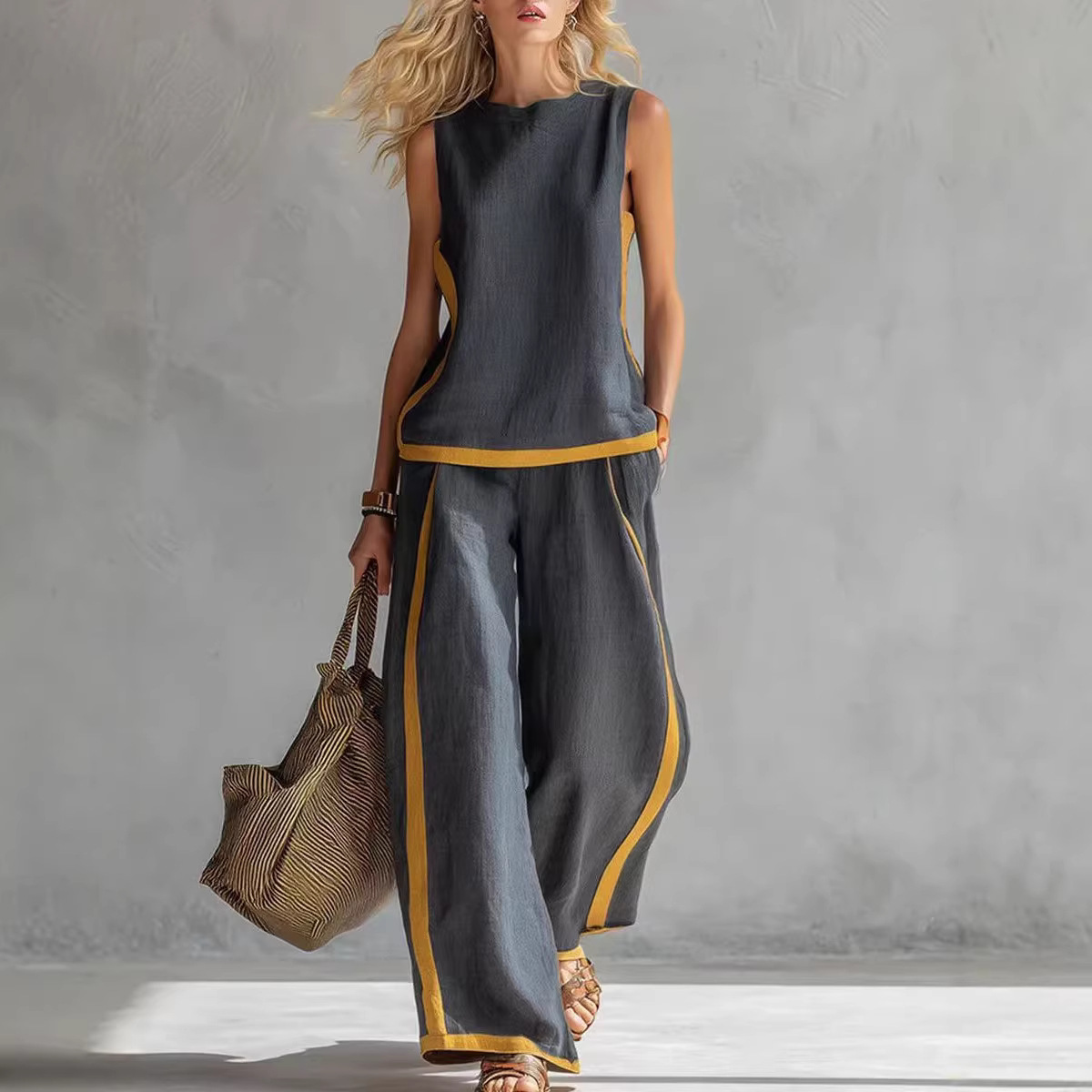 Linen Pant Wide - Dames linnen 2-delige set kleurblok mouwloos