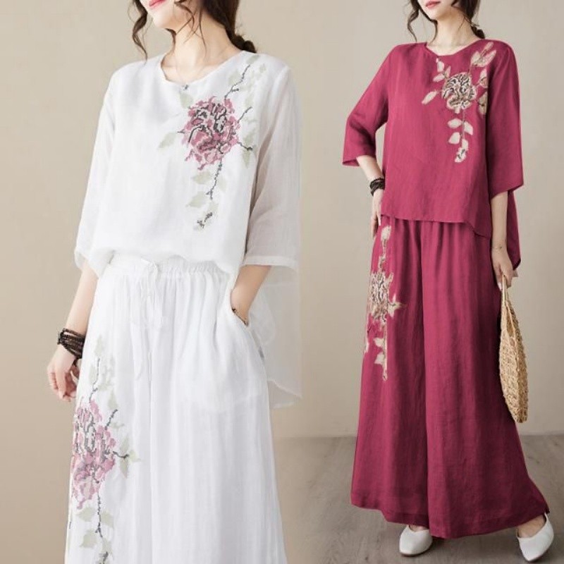 Linen Pant Wide - Linnen-katoenen tweedelige set voor dames, met