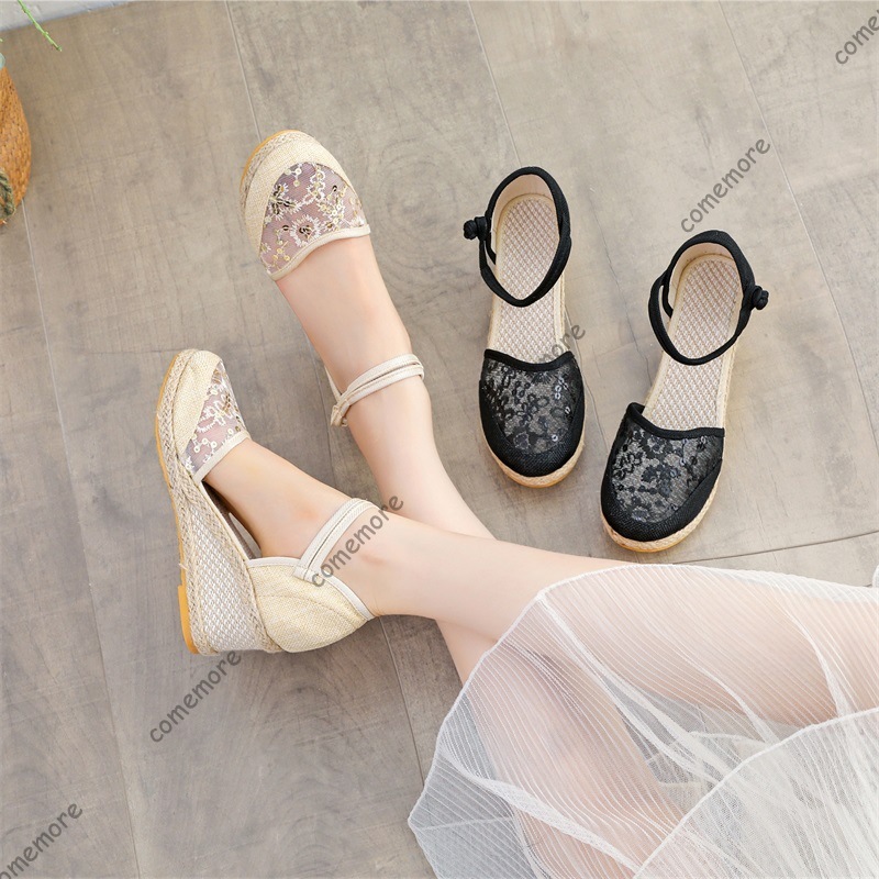 Wedge Espadrille Women - Dames kanten mesh espadrille sandalen met